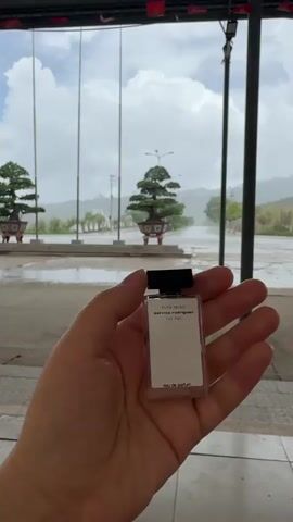 The video shows a person's hand holding a small rectangular clear glass perfume bottle with a black cap. The label on the bottle reads "PURE MUSC narciso rodriguez for her eau de parfum". The background appears to be an outdoor covered area with large vertical poles and a blurry view of a rainy day outside. There are two trees that look like bonsai in pots visible in the background, as well as some buildings and hills in the distance. The lighting is overcast due to the rain.