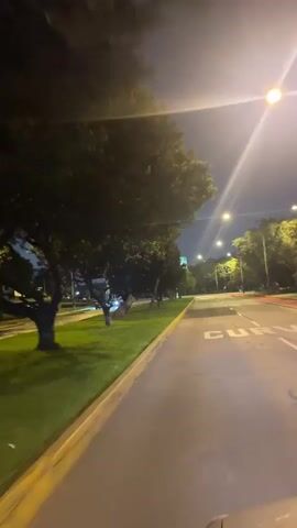 The video depicts a nighttime street scene. The camera moves smoothly along a sidewalk or path adjacent to a road. On the left, a grassy area with trees borders the sidewalk. The road is visible to the right, marked with lane lines and pedestrian crossing indicators. Streetlights illuminate the scene, casting bright light and long shadows. Cars are seen driving on the road. In the distance, a billboard displays an advertisement. The sky is dark, suggesting it is late at night.