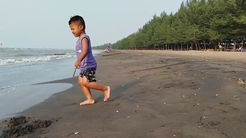 A group of young children are playing on a sandy beach. The water is rough with waves crashing onto the shore. A young boy runs along the edge of the water, while another child, a girl, plays in the sand. Trees line the beach in the background, and the sky is overcast.