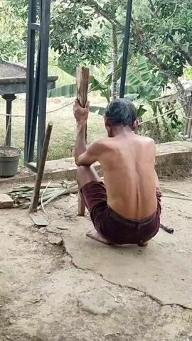 The video shows an elderly, shirtless man with graying hair and a visibly thin physique sitting on the ground outdoors. He is holding a wooden post vertically with both hands, appearing to be in the process of breaking or manipulating it. His body is turned away from the camera, with his back facing the viewer. He is wearing maroon shorts. The ground beneath him is dirt and cracked concrete. To his left, leaning against the concrete, is a metal-bladed tool, possibly a hoe or shovel, with a wooden handle. Several large, green palm leaves are scattered on the ground near the tool. Behind the man, a metal structure with black vertical beams is visible, and beyond that, lush green foliage, including banana trees and other tropical vegetation, suggests a rural or natural environment. The overall lighting indicates it is daytime.