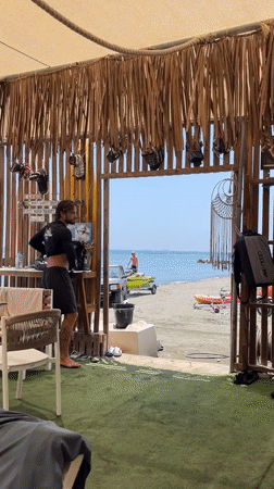 Poodle holds down the counter at a Cyprus beach rental shack