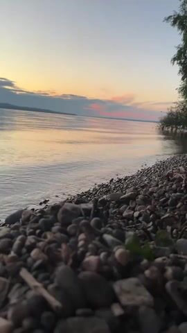 The video shows a low-angle view of a rocky shoreline with a body of water in the background. The sun is setting, casting a warm glow on the water and the sky. There are clouds in the sky, some of which are tinged with pink and orange. Trees can be seen on the right side of the frame. The focus of the video is on the pebbles and rocks in the foreground. The video is short and appears to be a still shot of a landscape.