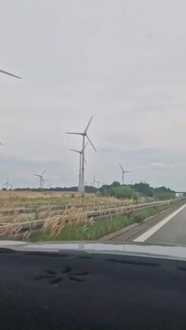 The video shows a view from inside a vehicle driving on a highway. On the left side of the highway, there are several wind turbines in various distances. In the foreground, there is a black dashboard with a dark pattern on it, and a pair of sunglasses is placed on the dashboard. The highway itself is visible, with guardrails separating the lanes. Other vehicles, including trucks and cars, are seen on the highway in the distance. The sky is overcast and the overall environment appears to be rural or semi-rural. The wind turbines are the most prominent features in the landscape.