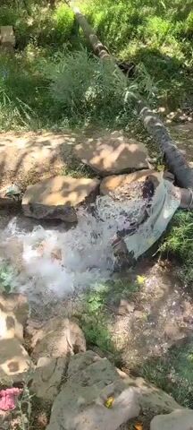 The video shows a spring of water gushing out from underneath a pile of rocks and flowing downhill in a green environment. A dark pipe can be seen behind the rocks, and the opening is wrapped with a gray woven bag.  The ground is covered with grass and scattered rocks, and a few shadows from trees and other vegetation can be seen. The water is clear and creates a bubbly effect as it splashes against the rocks.  There are no people visible in the video.
