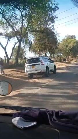 The video shows a view from the inside of a moving vehicle, likely a car, looking out towards a rural landscape. A person is walking along the side of the road, and another person is walking further away on a bicycle. A white SUV is seen briefly at the start of the video as the vehicle begins to move. Trees line the side of the road, bordering a field enclosed by a rustic fence. The sky is blue with scattered clouds, indicating a sunny day. The road is paved and appears relatively empty. The camera is stable, providing a clear view of the scenery as the vehicle progresses.
