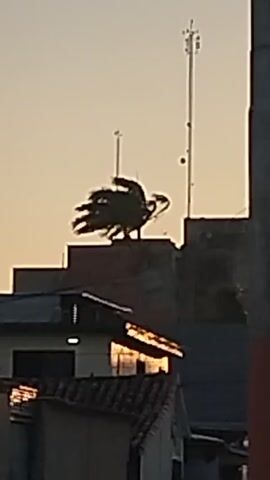 The video shows a building rooftop at dusk. A dark, somewhat blurry structure stands atop the building, with what appear to be antennae or rods extending upwards from it. Other buildings are visible in the foreground, with the warm glow of the setting sun reflecting off of a window. Tall communication towers are also visible against the soft, orange-tinged sky. A vehicle sound can be heard. The video is a little shaky.