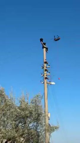 The video begins with a helicopter in the sky, the camera then moves to point at tree branches that are swaying in the wind against a clear blue sky.