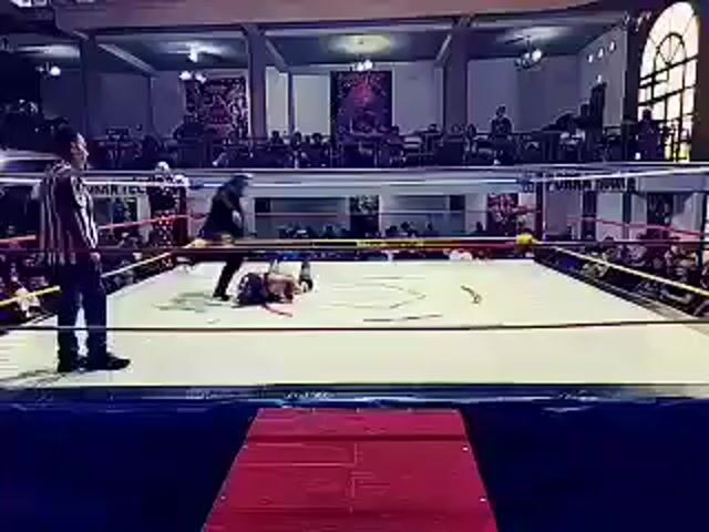 A wrestling match is in progress in a ring. A referee in a striped shirt stands to the left of the ring. Two wrestlers are in the center of the ring, one is in mid-air, performing a move. The ring is surrounded by ropes and has a canvas floor. Spectators are visible in the background, seated in tiered seating. The room has a high ceiling with exposed beams and decorative elements on the walls.