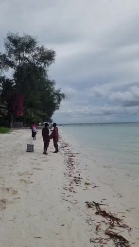 Here is a description of the video:
The video shows a beach scene on a cloudy day. The beach has white sand and some debris along the water's edge. The water is calm and clear. There are a few boats visible in the distance. Two men wearing traditional Maasai shukas are standing on the beach, talking to each other. There is a patterned bag on the ground next to them, and another person is walking away from them on the left side of the frame. Trees and vegetation line the edge of the beach behind the men and some buildings can be seen further back.