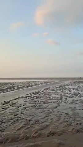 The video shows a muddy tidal flat with the tide out. The sky is overcast with some wispy clouds. There are a few small flags planted in the mud. In the distance, there are a few people and some small boats. The video then pans to show more of the tidal flat and the ocean. The final shot shows a group of people sitting on the edge of the mud flats, with motorcycles parked nearby.