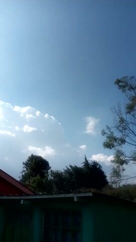 The video shows a partly cloudy sky above a building and some trees. The sky is mostly blue with scattered white clouds. A few tree branches are visible in the upper left corner of the frame. The building has a green exterior and some visible windows. The trees are mostly dark green. The camera is angled upwards.