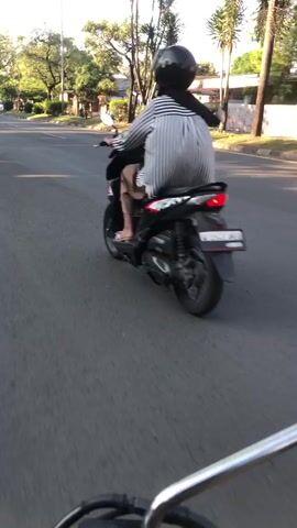This is a vertical video clip showing a view from a motorcycle as it travels down a paved road in Gelam, Indonesia. The primary subject is the person riding in front, who is wearing a black and white striped long-sleeved shirt, light blue jeans, and a black helmet. They are riding a red and black scooter with a license plate that reads "N 6471 JAG". The scooter is a Honda PCX.

Behind this scooter, another person is riding a white scooter. Further down the road, another scooter with two people, one in a green jacket and the other in red, can be seen. The road is lined with trees and some buildings, suggesting a semi-urban or suburban environment. The lighting indicates it is daytime, likely late afternoon or early evening due to the warm tone of the sunlight filtering through the trees. The weather appears to be clear and pleasant for riding. The overall mood is casual and focused on the movement of the ride.