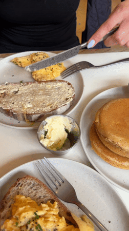 London cafe breakfast and cherry blossoms captured Saturday morning