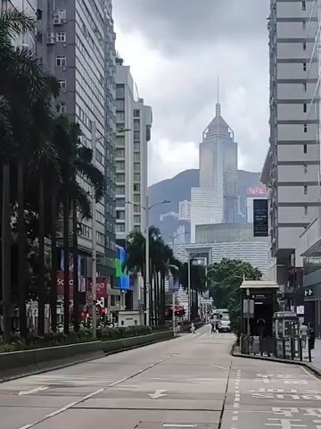 This is a daytime video of a street in a dense urban environment, likely Hong Kong, given the architecture and palm trees. The camera is positioned on a road with multiple lanes, indicated by white directional arrows and lane markings. Tall, modern buildings line both sides of the street. On the left, there are palm trees in front of a building with large screens displaying colorful advertisements. On the right, a bus stop shelter is visible with people waiting. In the distance, a prominent skyscraper with a distinct pointed spire stands out, with mountains behind it. The sky is overcast, suggesting a cloudy or possibly rainy day. Traffic appears light, with a few vehicles visible on the road and pedestrians on the sidewalks. The overall impression is a busy, commercial cityscape under a subdued sky.