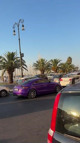 The video shows a purple Audi TT coupe driving down a street lined with palm trees. The car is moving slowly, in what appears to be traffic. Several other cars are visible, including a silver Smart car, a white van, and a dark-colored SUV in the foreground. In the background, a harbor with numerous sailboats can be seen. The sky is clear and blue, suggesting a sunny day. A vintage-style lamppost stands on the left side of the street. The video is shot from a low angle, focusing on the purple car.