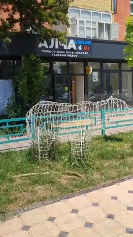 A wireframe sculpture of a bear stands on grass in front of a store with a sign that reads "ALCHA". The store appears to sell phones and accessories, as indicated by logos for Apple and Samsung. A person walks past the sculpture and into the store. The sun is shining, and there are trees and bushes in the background.