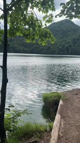 The video shows a serene lake with a mountain covered in trees in the background. The water is rippling, and sunlight is reflecting off the surface. There is a dirt path along the edge of the lake, with some grass and rocks. The trees on the left side of the screen are in the foreground, with their leaves casting shadows on the water. The sky is cloudy, but there are patches of blue visible. The overall impression is one of natural beauty and tranquility.