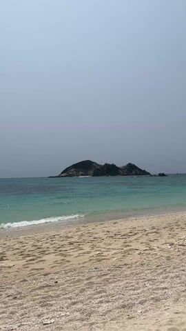 The video shows a view of a beach with an island in the distance. The sand is a mix of light brown and white shells, marked with numerous footprints. The water near the shore is a clear turquoise color with small waves gently lapping onto the beach. The island in the distance is dark with some visible vegetation and rocky formations. The sky is a hazy light blue, providing a soft, overcast lighting to the scene.