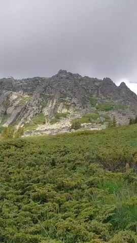This is a video of a mountainous landscape in Bistritsa, Bulgaria. The video pans across a rugged, rocky mountain range with sparse vegetation in the foreground. The sky is overcast with dark clouds, suggesting a possibly stormy or overcast day. The overall mood is one of vastness and natural beauty, with a hint of ruggedness. There are no people or specific objects visible. The location cues suggest a high-altitude, natural environment. The time of day appears to be daytime, but the overcast sky makes it difficult to be precise. There is no visible text in the video.