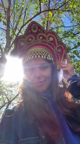 Woman in traditional Russian headdress photographed in Birobidzhan