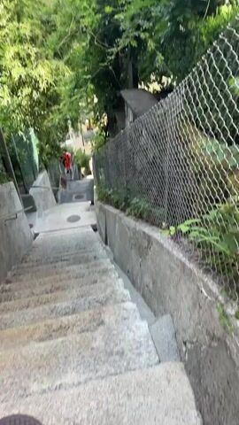 A person wearing an orange jacket is walking down a long, steep, outdoor staircase. The staircase is made of stone or concrete and has handrails on the left side. The area is surrounded by lush green trees and foliage, with a chain-link fence along the right side of the staircase. There are some round metal covers embedded in the staircase steps. The person is walking away from the camera and is the only visible person in the frame.