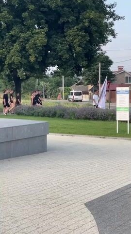 The video captures a group of people, primarily young individuals dressed in dark athletic wear, walking in a procession. They are moving along a paved pathway that is adjacent to a grassy area with lavender bushes. A large tree with lush green foliage dominates the background, suggesting a daytime setting with mild weather. Behind the greenery, residential buildings and a road are visible, with a white van and a black car present.

The group appears to be participating in some kind of organized event or performance, as they are walking in a relatively organized manner. Some individuals are carrying flags, with red flags being particularly noticeable among them. One person is holding a white flag with some text and an emblem, though it's not clearly legible. The overall mood seems calm and purposeful, with no overt signs of distress or excitement. The paving in the foreground is a light-colored textured material, contrasting with the darker, larger stone structure to the left. The presence of lavender suggests a blooming season, likely summer. The backdrop of trees, houses, and a road indicates an outdoor urban or semi-urban environment. The specific location context provided is Cahul, Moldova.