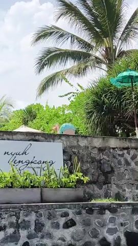 The camera is positioned at a low angle, framing a stone wall on which a sign reading "sawah lengkong" is mounted, along with some plants in a planter. Behind the wall, a woman wearing a blue bathing suit, whose facial details are not clearly visible, bends over, her posterior facing the camera. The surrounding environment features lush tropical foliage, including palm trees and other greenery, and a green parasol. The sky is partially cloudy.