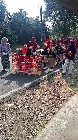 A group of children, dressed in what appears to be traditional costumes with headdresses and grass skirts, are participating in a parade or procession on a paved road. They are walking in a line, led by some adults. One adult in the front is holding a banner. The children are mostly wearing black shirts. Several adults in red headscarves and white pants are walking behind the children, suggesting they are chaperones or participants in the parade. Another woman in a burgundy headscarf and white pants walks alongside the children. The environment appears to be outdoors, with trees and foliage visible in the background, and a concrete barrier or curb along the side of the road. The ground is a mix of pavement and gravel. The scene is illuminated by daylight.