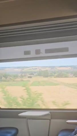 The video is filmed from the inside of a train looking out a window. The window has a roller shade that is partially down, obscuring the top portion of the view. The view outside is a rural landscape with rolling hills, fields of dry grass or crops, scattered trees, and some buildings in the distance. The sky is a pale blue. Inside the train, two seats are visible, one on the left and one on the right. A small tray table is attached to the back of the seat in front of the window. The person filming is likely sitting on the right-hand seat, as their arm and a portion of their leg are visible in the lower right corner of the frame. The train appears to be in motion, as the landscape outside is slightly blurred.