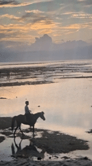 Horseback rider spotted on Indonesian beach during sunset hours