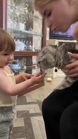 A young girl with brown hair, wearing a cream-colored tank top and gray striped pants, stands in the foreground, facing right, with her left hand extended towards a cat. Next to her, a woman with blonde hair is holding the cat, which is gray and white with a patterned coat. The woman is leaning down and kissing the cat on its forehead. The girl looks at the cat with a neutral expression. The woman is wearing a dark top and a ring on her left hand. The background shows a room with a glass-fronted cabinet filled with decorative items, and a television set in the upper right corner. The flooring is patterned.