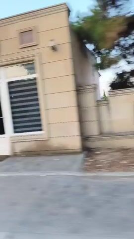 The video shows a moving shot of a street scene. On the left, there is a tree with a white-painted base. Behind the tree, there is a white house with red trim and windows. A stone fence runs along the property line. On the right side of the frame, there is a gray wall, and further down the street, more houses and trees can be seen. The sky is a clear blue. The video appears to have been filmed from a moving vehicle, indicated by the motion blur and the shifting perspective.
