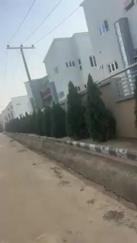 The video shows a street view with modern two-story buildings on one side of the road. A row of evergreen trees lines the perimeter of the buildings, separated from the road by a concrete divider. An unevenly-paved road stretches to the vanishing point. An leaning wooden utility pole is visible on the roadside, with power lines stretching across the sky. The sky is light blue with a few scattered clouds.