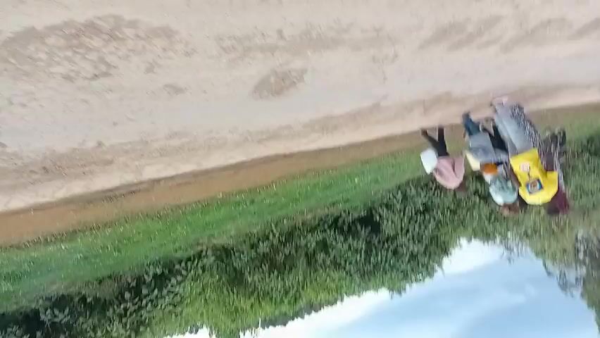 The video shows a group of people walking along a path beside a green, grassy area and a line of bushes.  The camera angle is tilted, showing more sky with grey clouds. One person is carrying a white container.  The sky suggests it might be an overcast or possibly rainy day.
