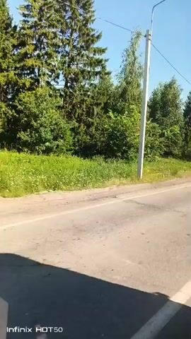 A person is riding an electric scooter on a paved road. The scooter has a basket on the front. The road is bordered by a grassy verge and trees. The sky is clear and blue. The scene appears to be taking place on a sunny day. A utility pole is visible on the side of the road. The footage is from a moving vehicle, indicated by the changing perspective and the shadow of the vehicle on the road. The Infinix HOT 50 watermark is present in the lower left corner of the screen.