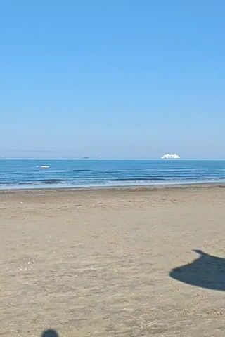 The scene is a wide shot of a sandy beach with a clear blue sky above. The sea is calm with gentle waves. Several ships are visible in the distance, including what appears to be a larger cruise ship. The beach is mostly empty. In the lower portion of the frame, shadows suggest the presence of a person and an umbrella. The camera remains static throughout the video.