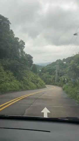 The video shows a car driving on a winding road through a lush green mountainous area. The sky is overcast with heavy clouds. The road has a double yellow line down the center and appears wet, suggesting recent rain. On the left side of the road, the terrain slopes upward, covered in dense green foliage. On the right side, the road is bordered by a guardrail and more vegetation. Several road signs are visible, including warning signs with symbols and Chinese text. One sign appears to be yellow with black Chinese characters that read "减速慢行" which translates to "Slow Down and Drive Slowly." There is also a tall electrical tower visible in the distance. The perspective is from inside the vehicle, looking out through the windshield. The driver's side mirror is visible on the right side of the frame. The video captures the feeling of traveling through a secluded, natural environment.