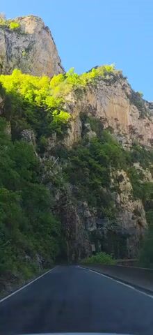 The video shows a car driving on a paved road. On one side is a rock face and on the other side is a steep cliff covered in green foliage and a smattering of trees. The sky is blue.