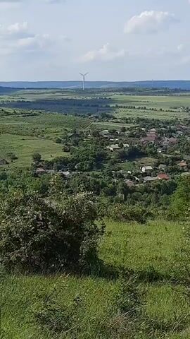 The video offers a panoramic view of a rural landscape, likely in Suruceni, Moldova, under a bright, partly cloudy sky. The camera slowly pans from left to right across a broad expanse of green fields and a village.

In the immediate foreground, a hillside covered with lush green grass and dense shrubs descends towards the middle distance. Below this vantage point, a sprawling village or small town is visible, characterized by numerous houses with distinct red or orange tiled roofs, nestled among abundant green trees. The settlement appears extensive, stretching across the valley or plain.

On the far-left horizon at the beginning of the video, a single, tall white wind turbine stands out against the blue sky and distant fields. As the camera pans right, the wind turbine eventually moves out of frame, revealing more of the village and the distant, gently rolling landscape under the clear daytime conditions. The weather is sunny with scattered white clouds, suggesting a pleasant day. There are no people or specific activities visible in the footage, focusing instead on the expansive natural environment and the rural settlement. No visible text is present.