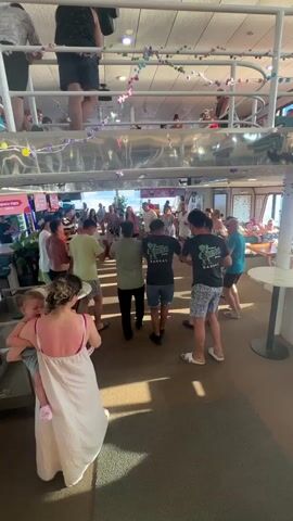 The media shows a lively scene aboard a boat, likely a tourist vessel, filled with people enjoying themselves. The main subjects are a diverse group of individuals, appearing to be a mix of adults and some children, engaged in dancing and socializing. The setting is indoors, on a boat with multiple levels, indicated by the railing and people visible on an upper deck. The interior is decorated with colorful strings of lights, suggesting a festive atmosphere.

The primary activity is dancing, with many people holding hands in a circle and moving to music. There's a sense of joy and celebration among the participants, with some smiling and laughing. The time of day appears to be daytime, with natural light filtering into the boat, suggesting it could be afternoon or late morning. The presence of people in casual summer clothing and the overall ambiance imply a warm-weather destination.

Notable details include a woman in the foreground holding a child and wearing a light-colored dress, her back showing signs of a sunburn. Other individuals are dressed in t-shirts, shorts, and casual attire, fitting for a boat trip. In the background, there are hints of a larger gathering with more people spread out on the boat and possibly on an open deck.

Visible text includes "FRENCH FRIES" and "WAFFLES" on a sign in the background, indicating food service is available. The overall mood is one of fun, relaxation, and communal enjoyment, typical of a holiday or excursion in a popular tourist location like Marmaris, Turkey.