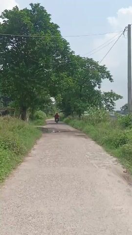 The video shows a dirt road lined with trees and vegetation. A person on a motorcycle is riding away from the camera down the road. The sky is visible above the trees, with some clouds. The road appears to be in a rural or semi-rural area.