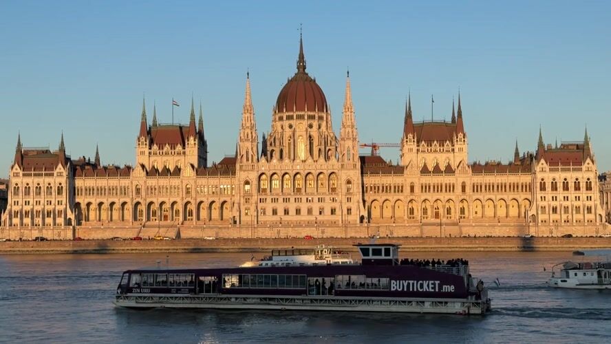 Hungarian Parliament Building filmed under clear Budapest skies