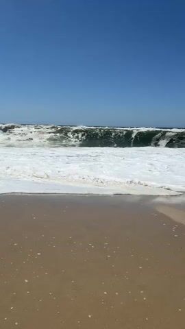 This media file depicts a beach scene with a clear blue sky and large waves crashing on the shore. The subjects are the ocean and the beach itself. The activity taking place is the continuous motion of waves breaking and receding onto the sand.

The setting is a beach with light brown sand, sprinkled with small shells and pebbles. The ocean is a deep green with white foam cresting the waves. The waves are quite large and appear to be in the process of breaking, creating a dynamic and powerful display of nature. The water is turbulent and foamy as it rushes towards the shore.

Notable details include the bright, sunny weather suggested by the clear blue sky and the visible light reflecting off the water and sand. The time of day appears to be daytime, likely late morning or early afternoon, due to the intensity of the light. The location cues point to a coastal area with significant wave activity, consistent with a location like Torreira, Portugal, known for its beaches and Atlantic Ocean exposure. There are no people or objects visible in the frame, focusing solely on the natural elements of the beach and sea. The overall emotion conveyed is one of power, natural beauty, and perhaps a sense of awe inspired by the force of the ocean. No text is visible in the media file.