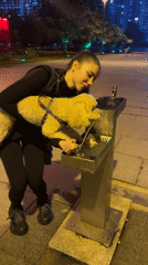Woman helps dog drink from public fountain in Batumi