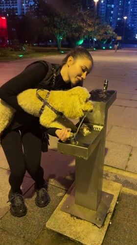 Woman helps dog drink from public fountain in Batumi