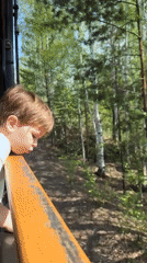 Child rides morning train through Russian town, watches scenery