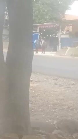 The video shows an outdoor scene, likely a street or road, with a building in the background and a tree trunk in the foreground. Two people are visible walking on the opposite side of the road, near a blue structure. One person is wearing a backpack. The overall image quality is low, with a hazy and blurred appearance. The environment appears to be somewhat rural or suburban, with vegetation visible in the background. There are also some debris and rocks on the ground in the foreground.