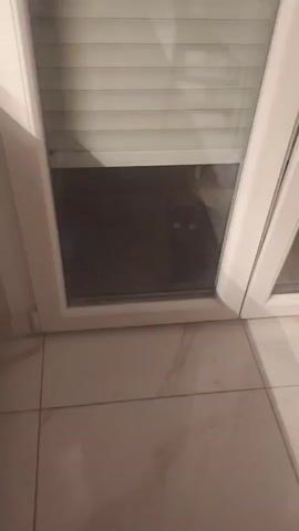 A black cat with bright eyes peeks from behind a partially lowered window blind. The cat is reflected in the glass, and its silhouette is visible in the background. The scene takes place indoors, with tiled flooring visible at the bottom of the frame. The video appears to be taken at night or in a dimly lit room.