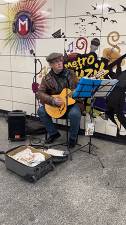 Street musician plays as cat rests in Kadıköy metro
