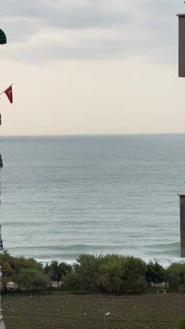 The video presents a coastal landscape in Erdemli, Turkey, captured from an elevated perspective. The vast, calm sea occupies the midground, stretching towards the horizon under an overcast sky. Gentle waves are visible breaking on the distant shoreline.

A strip of verdant land, densely populated with trees, runs along the coast, separating the sea from a large area of cultivated fields in the foreground. On the left side of the frame, a portion of a building is visible, from which a Turkish flag, red with a white star and crescent, is displayed and gently sways in the breeze. Another building partially frames the right side of the view. The scene is devoid of people, conveying a sense of tranquility on what appears to be an overcast day.